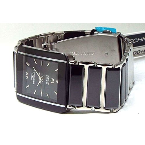 TECHNOS Men's Classic Ceramic Watch with Black Dial and Genuine Leather Bracelet (TSM903TB-SET)