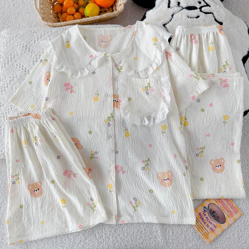 Cloud Cotton Pajamas Women'S Summer Short-Sleeved Thin Cute Cartoon Loungewear Doll Collar Three-Piece Set