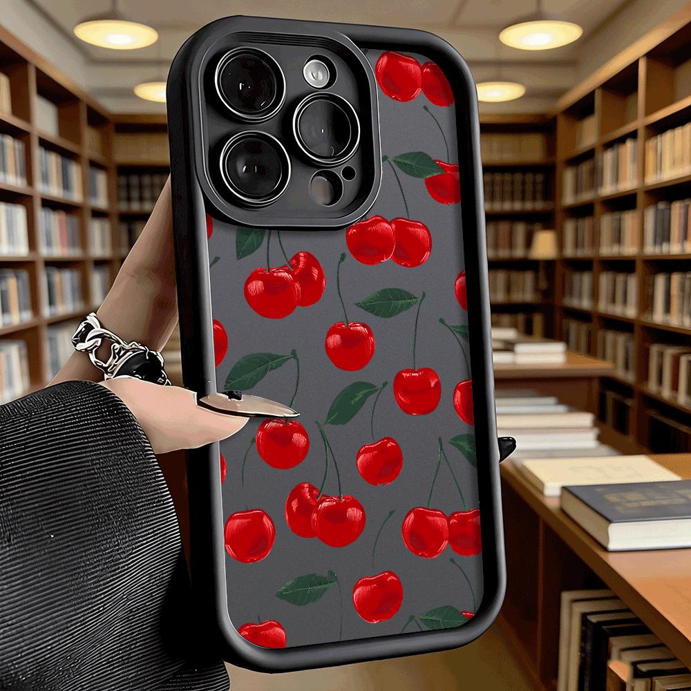Rote Kirsche mit Blättermuster Handyhülle für iPhone 17 16 15 14 13 12 11 Pro Max Plus Kratzfest, Flexibles Gel Schutzhülle
