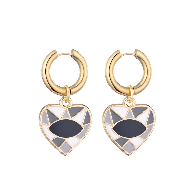 

New Colorful Eye Love Heart Stainless Steel Hoop Earrings For Women Vintage Statement Enamel Gold Color Pendant Earrings Zircon