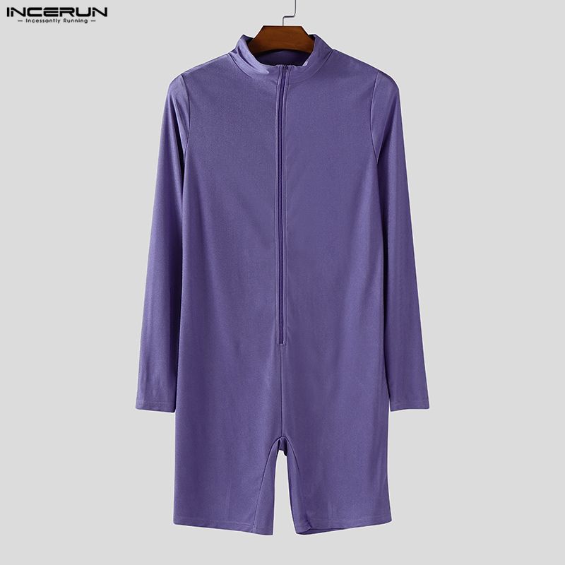 INCERUN Men Zip-up Long Sleeve Solid Fitted Pajamas Jumpsuits Romper Bodysuits Underwear