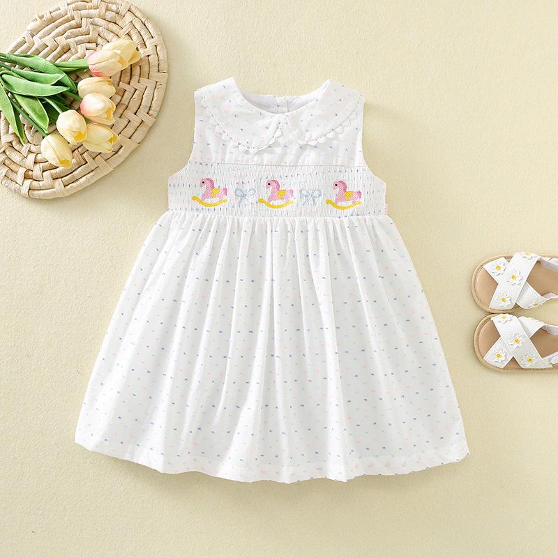 Summer Baby Girl White Cotton Sleeveless Princess Dress With Cute Horse Embroidery Smocked Design Thin Vest Dress 80cm белый
