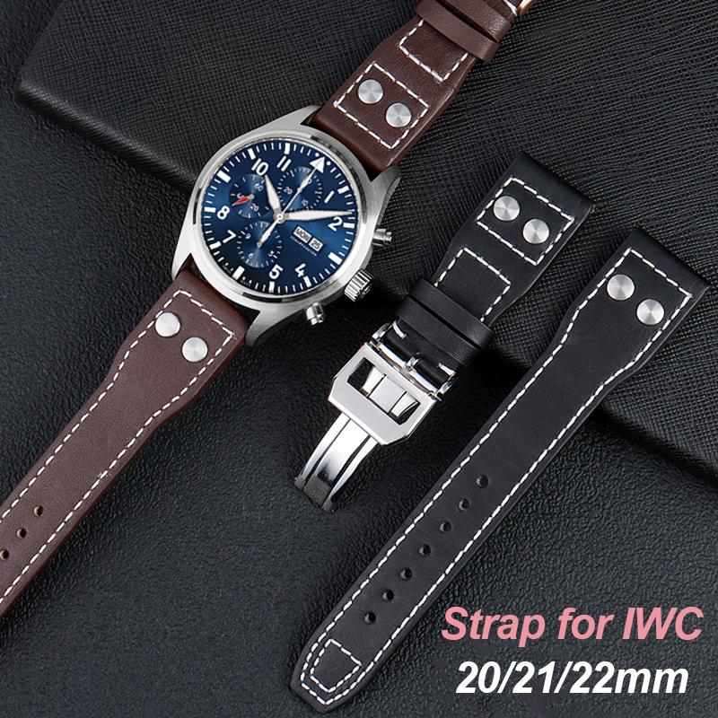 Für IWC Pilot Rindsleder Armband 22mm 21mm 20mm Echtes Leder Uhrenarmband Stahl Faltschließe Schwarzes Armband Zubehör