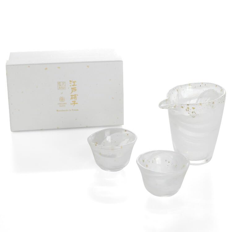 World Create Aika Foil Ink Marbling Sake Pitcher and Sake Cup Gift Sake Cups 30534 Set, White, (2 pieces)