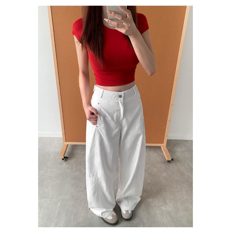 Women Curved Leg Pants High Waist Loose Wide Leg Cargo Pants Rivet Solid Color