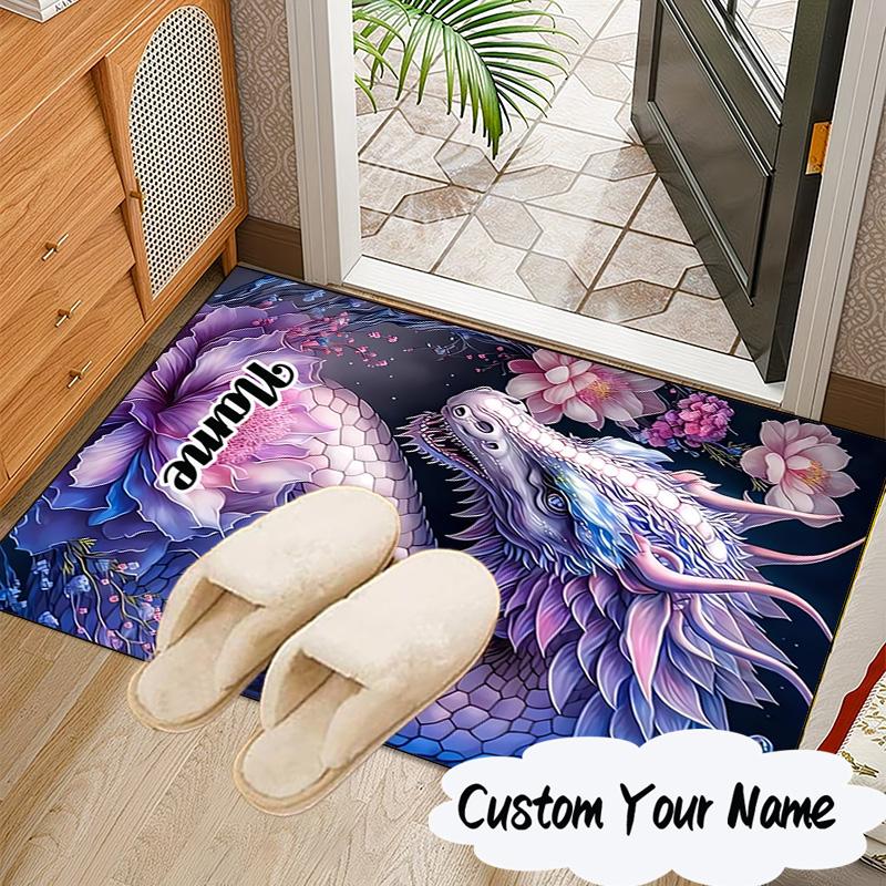 Custom Name Fantasy Dragon Blossoms Rug for Living Room, Game Rooms, Office, Bedroom, Floor Mat Playful Design, Fan Gifts Christmas Decor