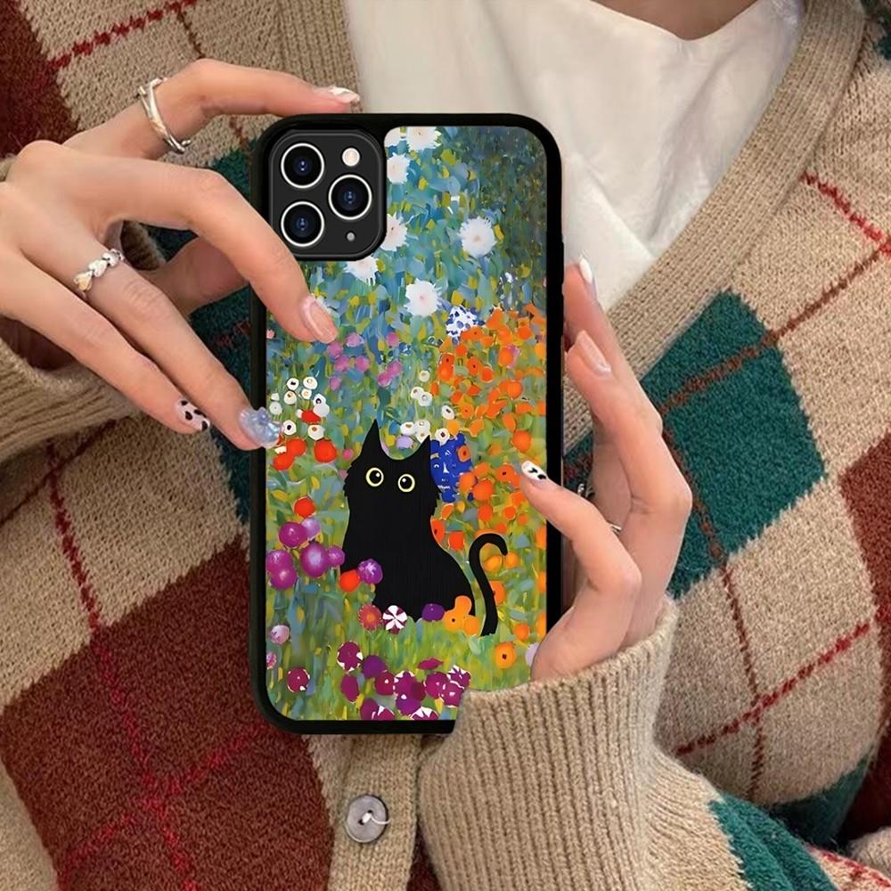 Cartoon Animal Black Cat Oil Painting Phone Case Silicone PC+TPU For For IPhone 11 12 13 14 15 16 Plus Pro Max Cover