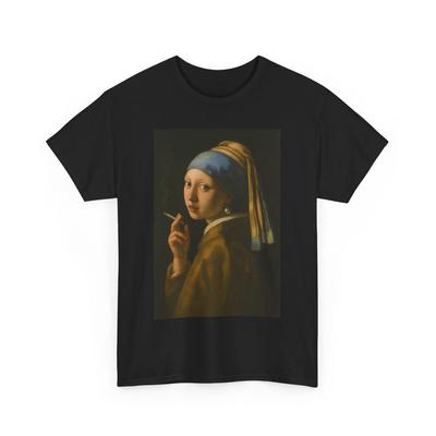Unisex Mädchen mit Perlenohrring Parodie Shirt - Rauchendes Kunst Meme T-Shirt - Lustiges Klassisches Gemälde T-Shirt - Ausgefallenes Kunst Shirt - Baumwoll T-Shirt für Kunstliebhaber