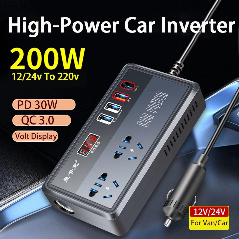Universal Car Inverter DC 12V/24V To 220V QC 3.0 USB/Type C Charger Power Adapter 200W High Power Digital Display Car Converter