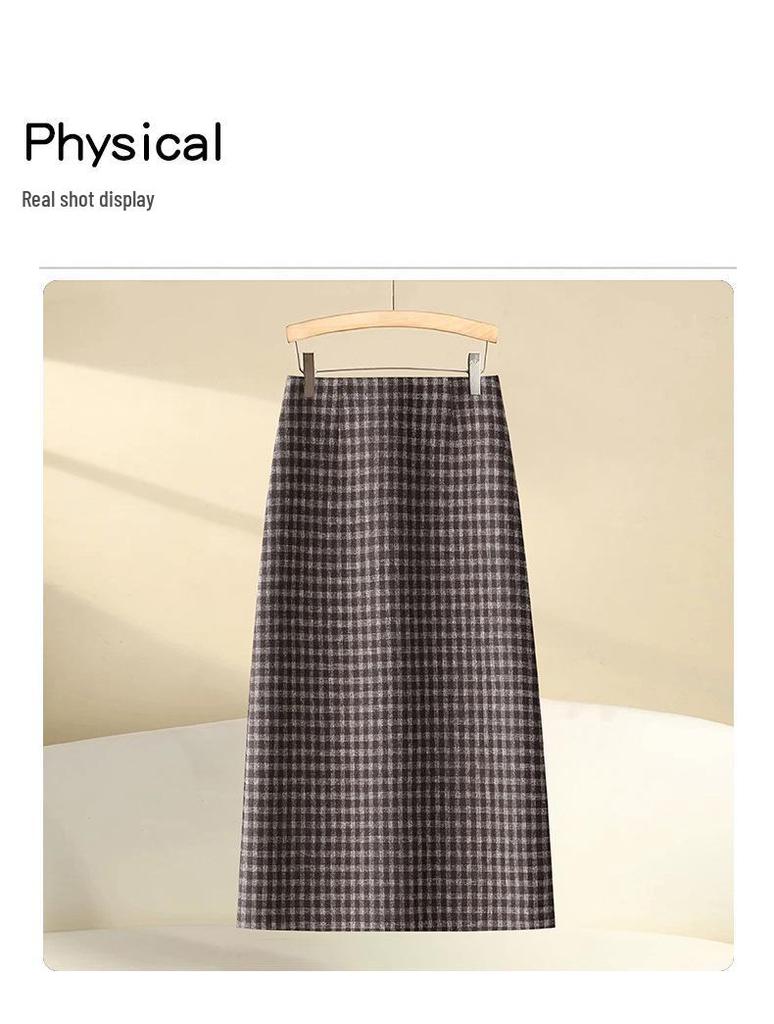 Winter 2025 Women's High-Waisted Wool Plaid A-Line Mid-Length Skirt