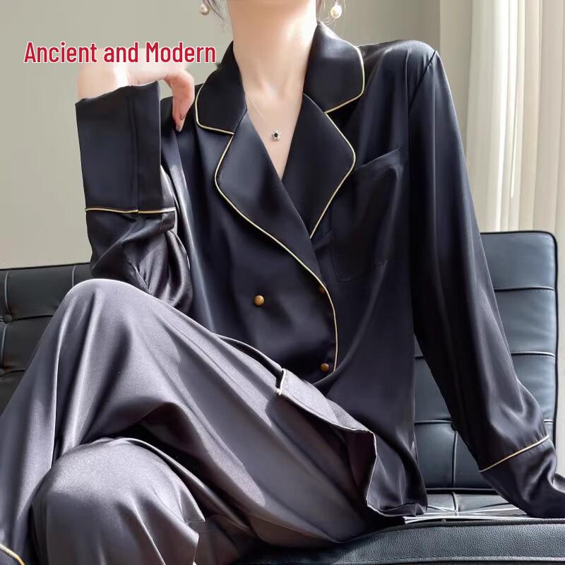 GUJIN Women s Ice Silk Long Sleeve Pajama  Loungewear Set XL