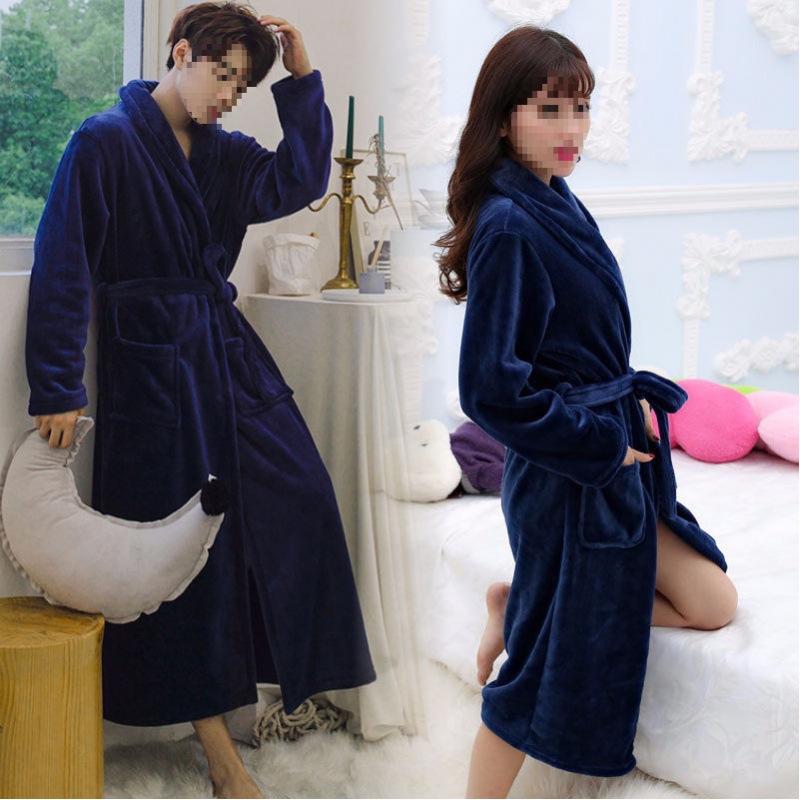 Women's & Men's Coral Fleece Bathrobe - Spring/Autumn, Thick Flannel, Long Couples Robe