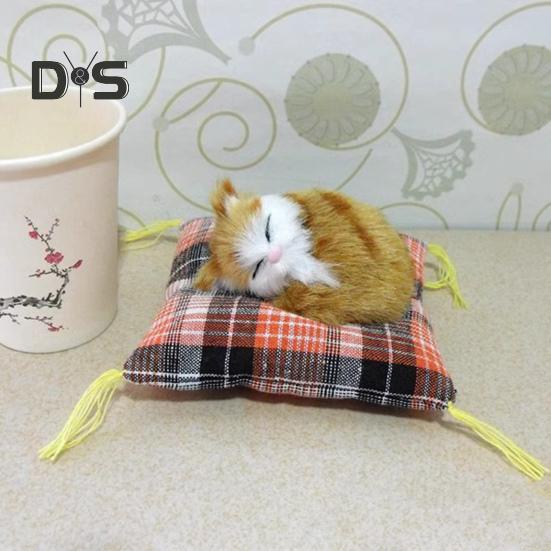 Simulation Cat Doll Plush Toy Mini Realistic Sleeping Kittens on Mat Figurine Stuffed Animal Toy with Cushion for Home Office Room Desktop Decor