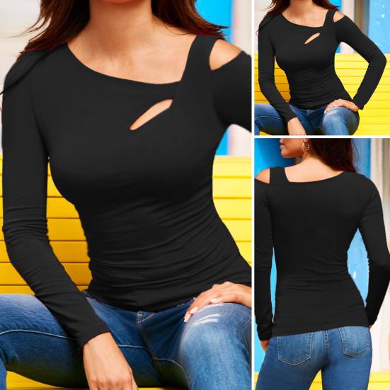 Dámské sexy topy Zkosená ramena Spodní díl Slim Fit Top Dutý design Šikmý límec Jednobarevný S dlouhým rukávem