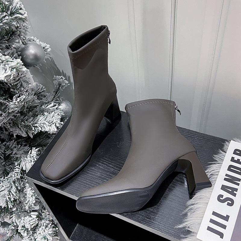 Martin Boots Women's Autumn 2025 New Square Head Thick Heel Elastic Zipper Thin Boots High Heels Short Boots Women's Boots