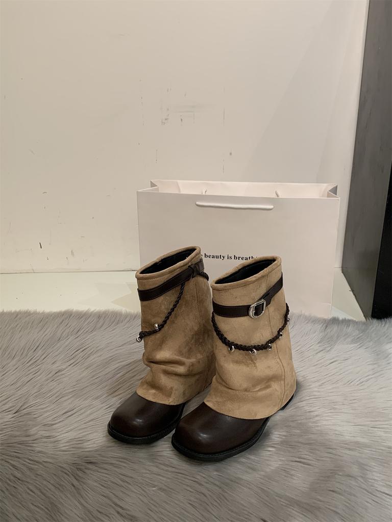 Skinny Martin boots women's spring new flat-bottomed huge-looking stacked pants tube boots suede belt buckle cigarette tube short boots