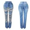 Fashion Broken Beading Chain Decorative Jeans Women's Button Elastic Denim Pants AmericanRetro Straight Leg Trousers Streetwear