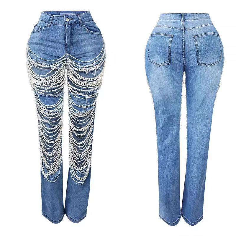Fashion Broken Beading Chain Decorative Jeans Women's Button Elastic Denim Pants AmericanRetro Straight Leg Trousers Streetwear