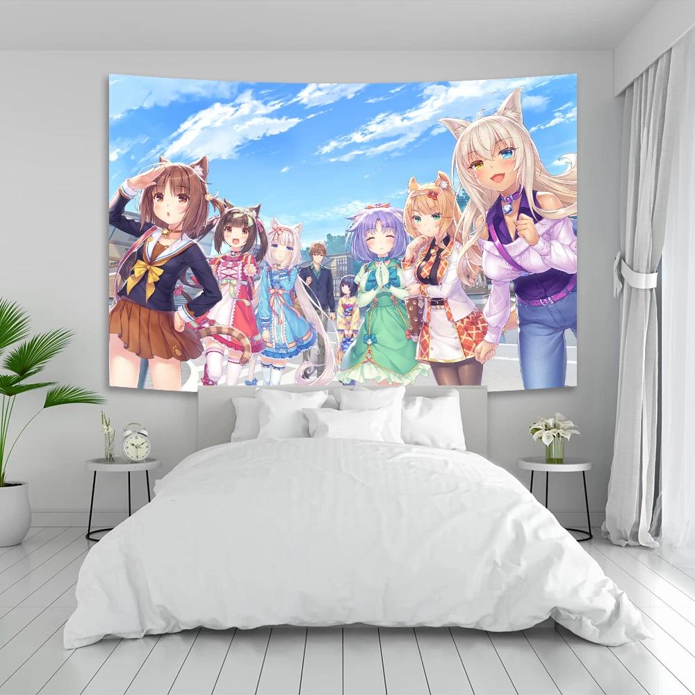 VIKAMA Anime Girl Tapestry Cat Ear Maid Kawaii Japanese Cartoon Ins Style Wall Decor for Bedroom