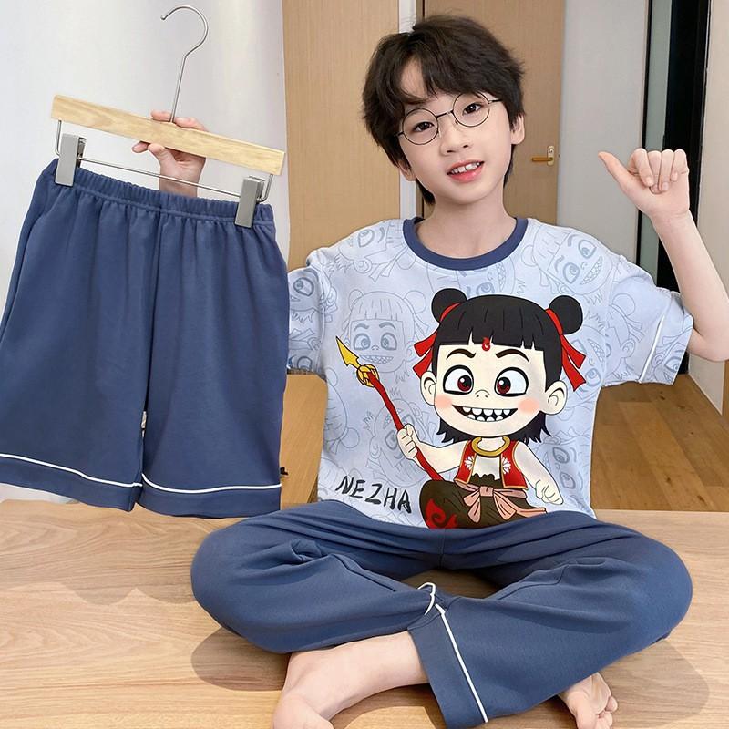 Cotton 3-Piece Pajama Set Boys Lightweight Short Sleeve Sleepwear Cartoon Print Home Wear Ages 8