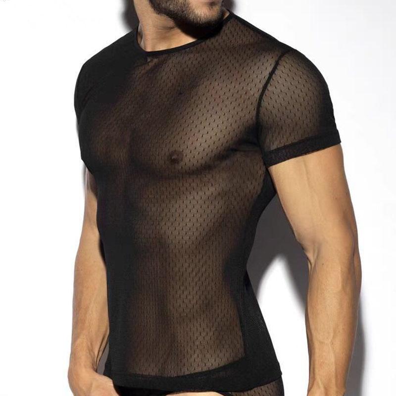 Americká Nová Pánská Letní Krajková Průsvitná Módní Tílka Kulatý Výstřih Ležérní Osobnostní Tričko