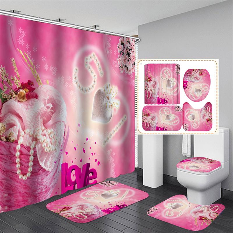Valentine's Day Bathroom Bathing Waterproof Shower Curtain Home Entrance Doormat Bathtub 4Pcs Set Toilet Seat Cover Rugs Bath Non-Slip Floor Mat Love