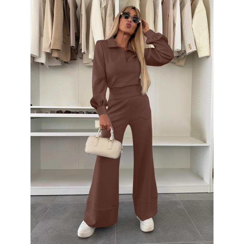 women's Solid Color Collared Long Sleeve Blouse High Waist Wide Leg Flare Pants 2 Piece Casual Tracksuit Set