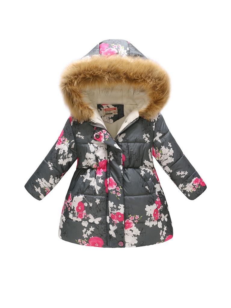 Autumn and Winter Children's Cotton Jacket Boys and Girls Fashion Printing Cartoon Big Boy Long Section Hair Collar Hooded Cotton Coat Jacket