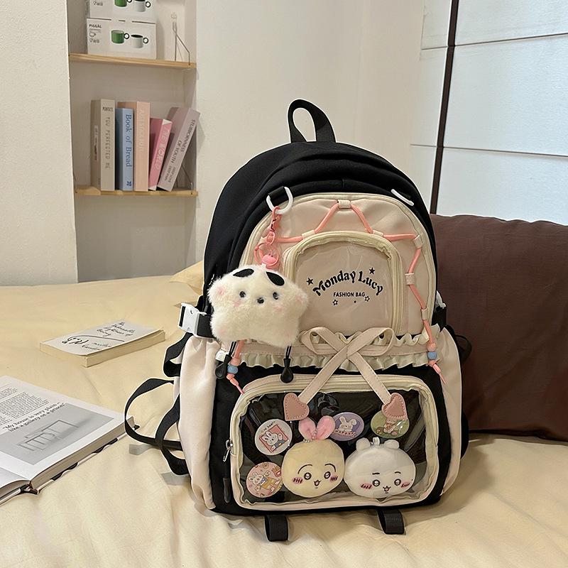 Women's Color Block College-Style Backpack with Ballet Ruffle Lace Design