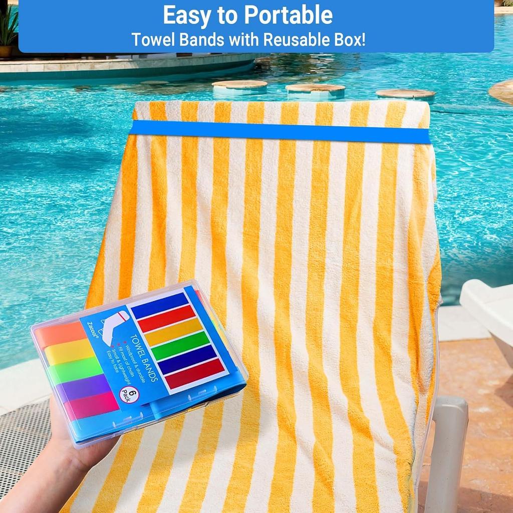 Beach Towel Bands (6-Pack), Portable Towel Bands for Beach Chairs & Cruise Chairs Pool Chair, Vacation Choice Beach Chair Towel Clips, Great