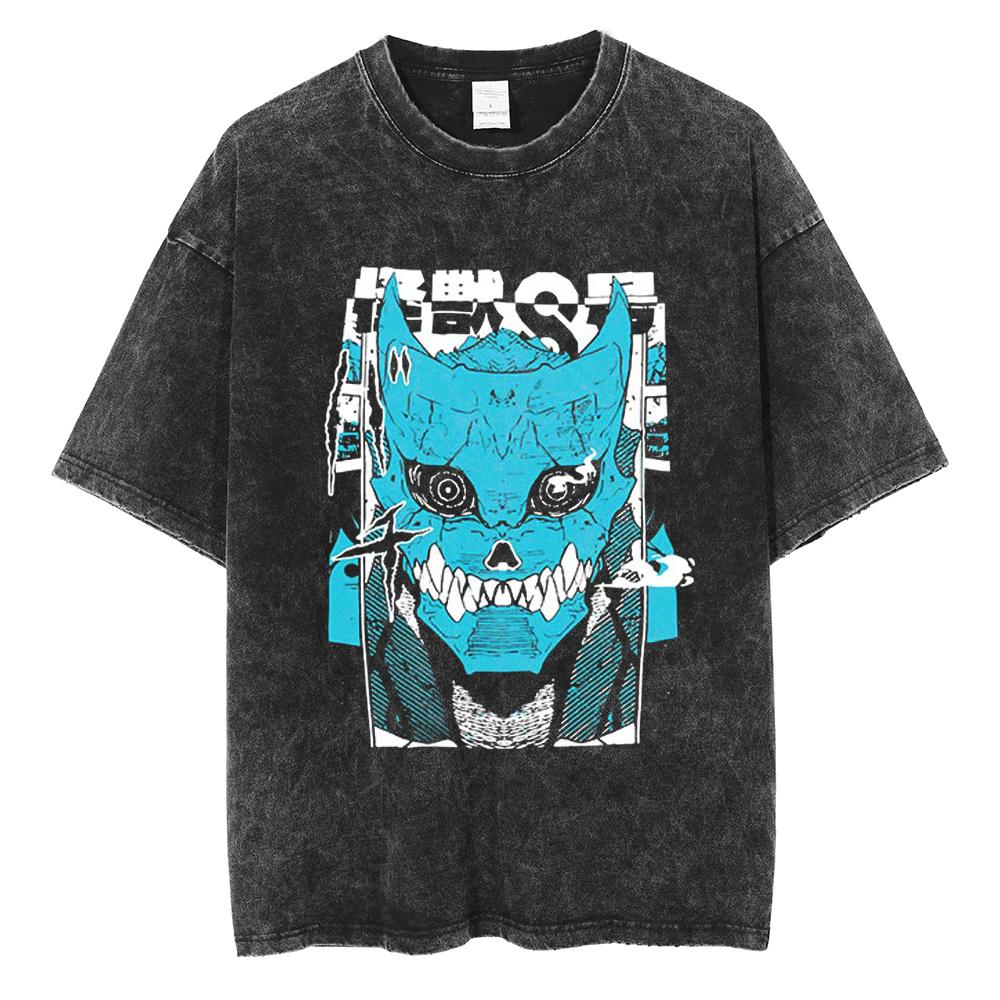 Japan Anime Kaiju No. 8 Cool Print T Shirt Men Women Vintage Washed Cotton Tshirts Oversized T-shirt Harajuku Male Y2k Tee