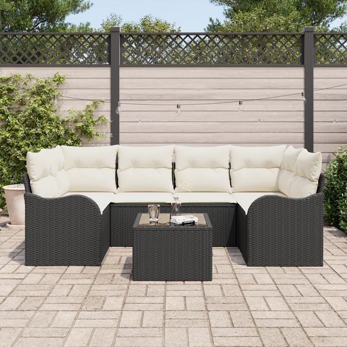 Ensemble de canapé de jardin vidaXL de 7 pièces avec coussins en poly rotin noir, Canapé de jardin 2 places avec coussins 3345597