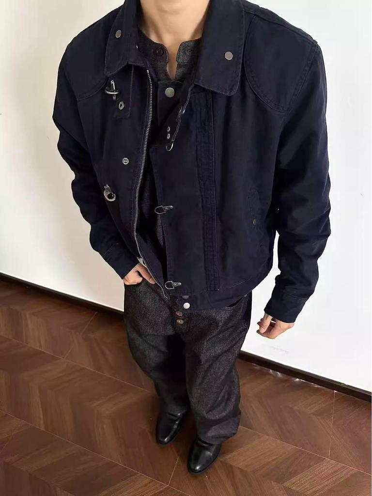 Vintage Distressed Aircraft Buckle Lapel Jacket, Unisex Spring/Autumn Retro Short Wide Workwear Style