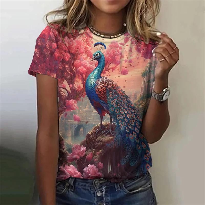 Fashion Retro Peacock Feather 3D Print Woman Harajuku Personality Short Sleevet Colorful O-neck Tops