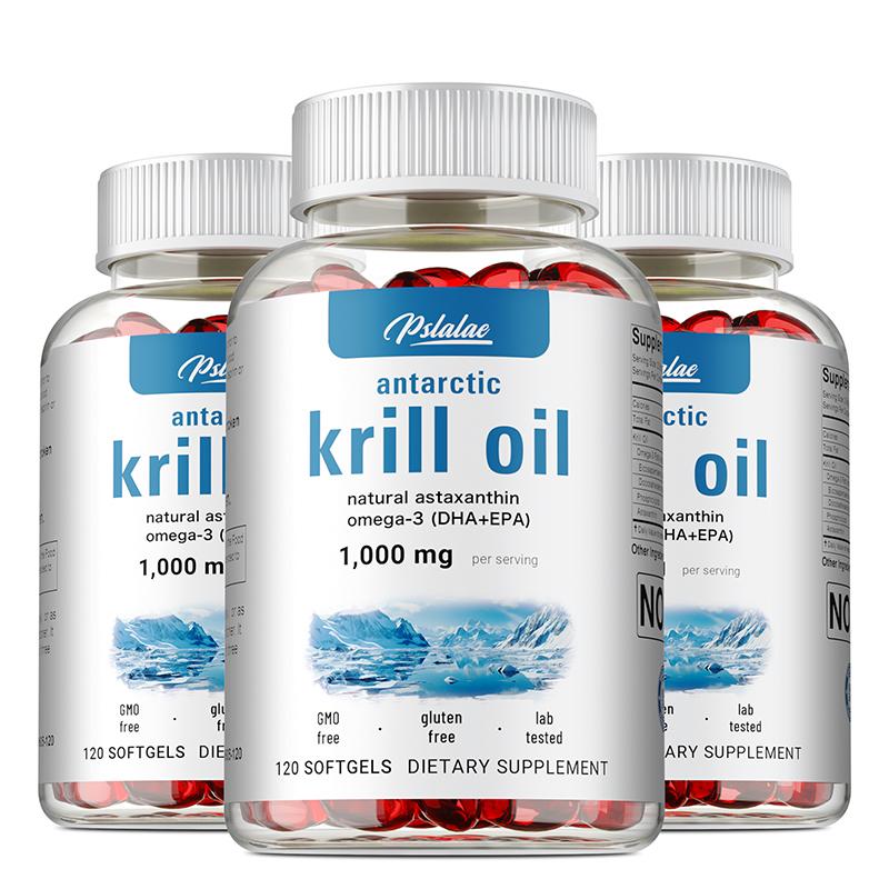 Capsule molli di olio di krill ad alta purezza, contenenti Omega-3, EPA, DHA e astaxantina, adatte sia per uomini che per donne.