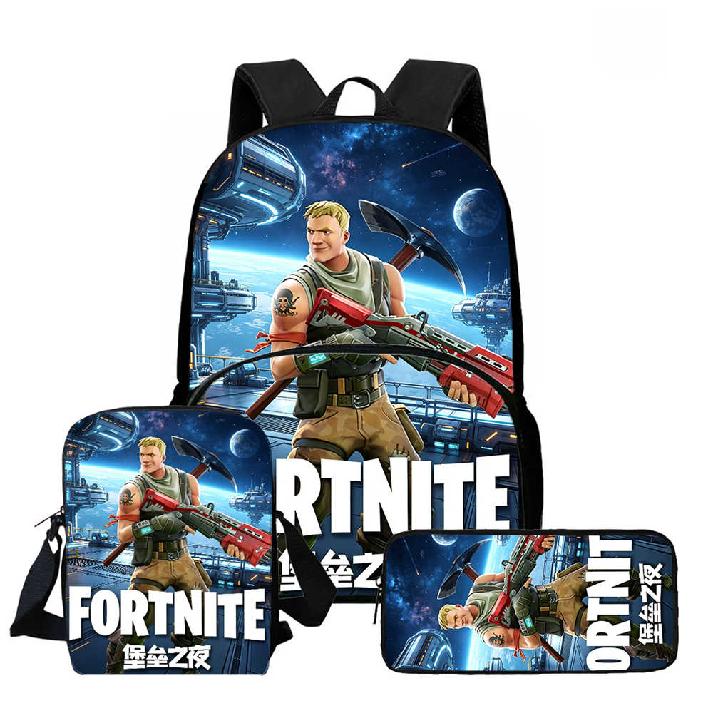 3Pcs Set School Backpack With Front Pocket & Crossbody Bag & Pencil Bag,Cartoon Fortnite For Age 6-10,Lightweight For Boys Girls