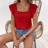 Women's Summer Knitted Jacquard Ruffle Square Neck Short Sleeve Solid Colour Top