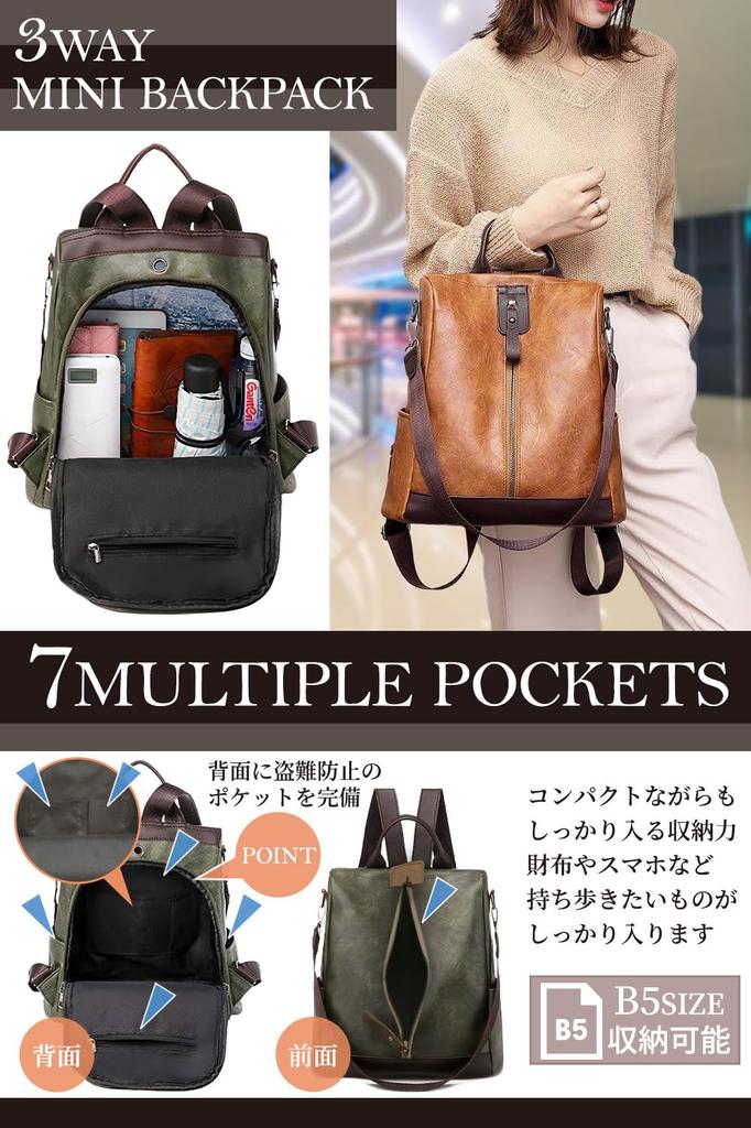BORPORT Mini Backpack, Women's, Small, Lightweight PU Leather Backpack, Men's, Lightweight, Anti-Theft, Perfect for Commuting, School, and More