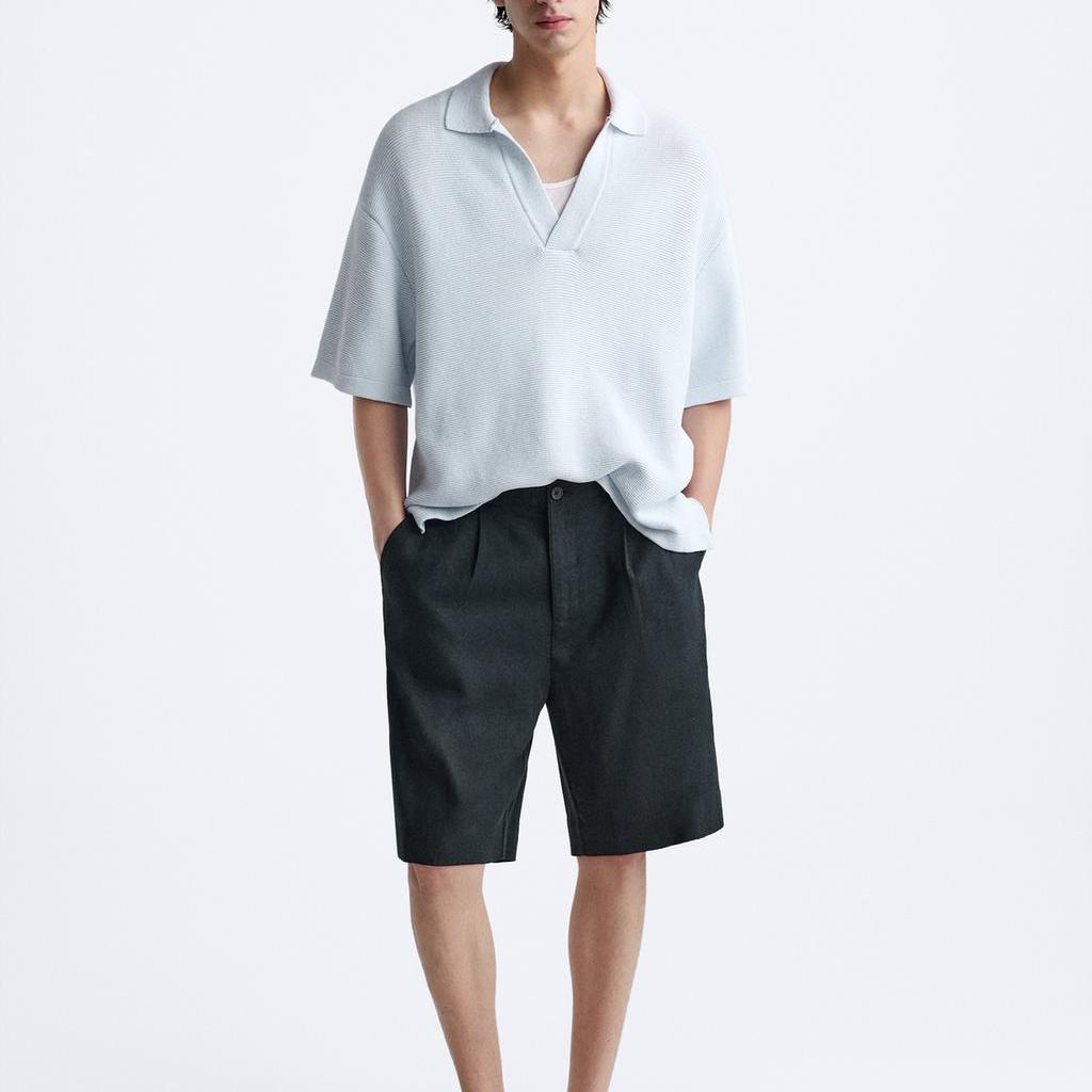 Zara Textured Knit Polo Shirt With Collar Men tops Light-Blue 1023303-406