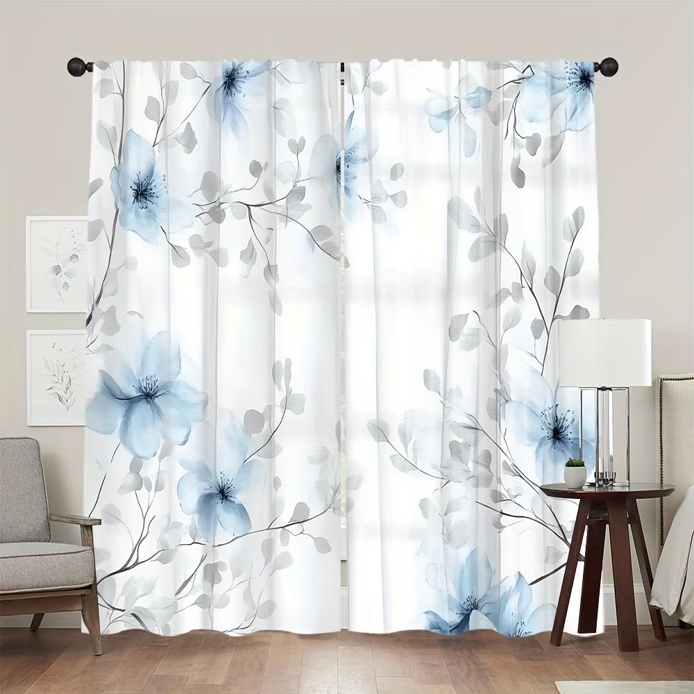 2PCS Digital Printed Curtains, Blue Flowers Gray Leaves Muted Botanical, Window Curtains for Living Room Bedroom Home Decoration