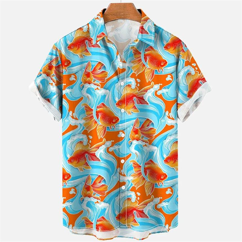 Marine Life Print Lapel Short Sleeve Men Shirt, Lightweight Loose Summer Casual Button Down Clothing