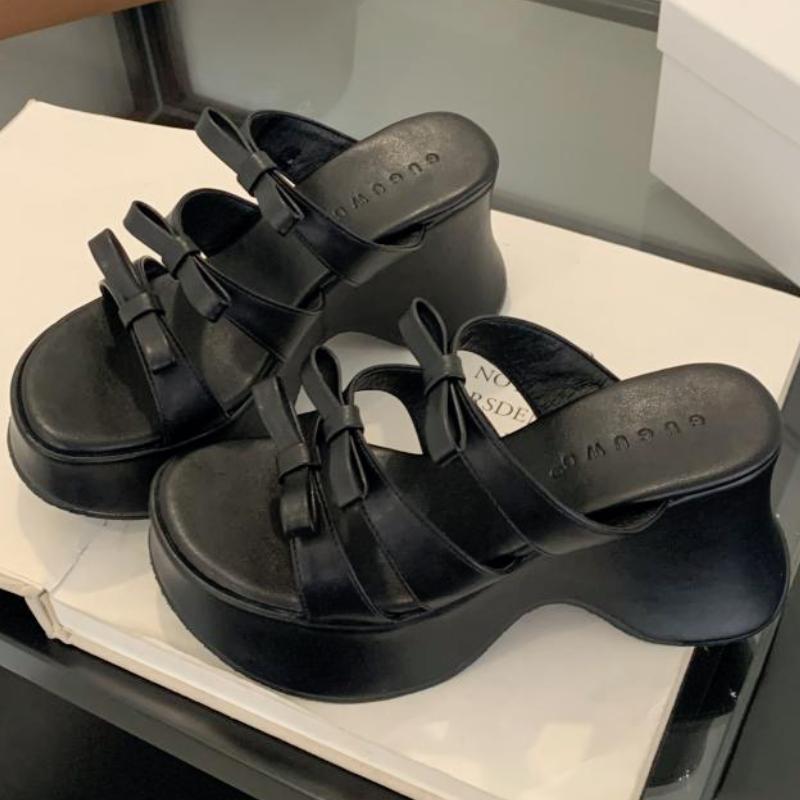 Silver Platform High Heeled Slipper Fashion Bow Party Open Toe Casual Sandals Summer Comfortable Non-Slip Beach Mule Shoe Female