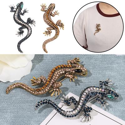 Women Suit Accessories Bag Clothes Label Retro Lizard Gecko Brooch Rhinestone Animal Brooch