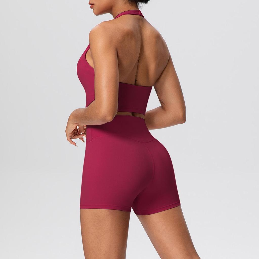 European & American Halter Sports Bra and High Waist Yoga Shorts Set for Women