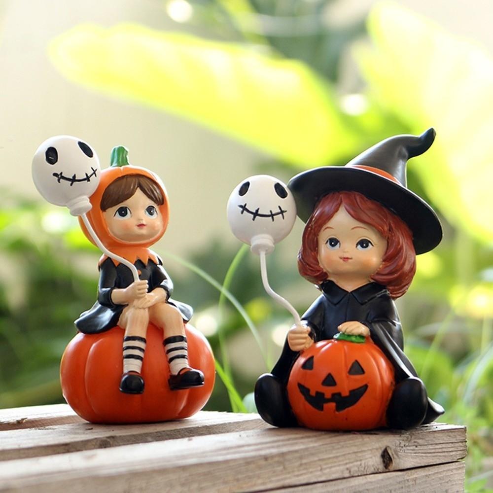 2pcs Cute Pumpkin Girl Figurines Witch Doll Halloween Party Ornaments  Bedroom Desk Decoration