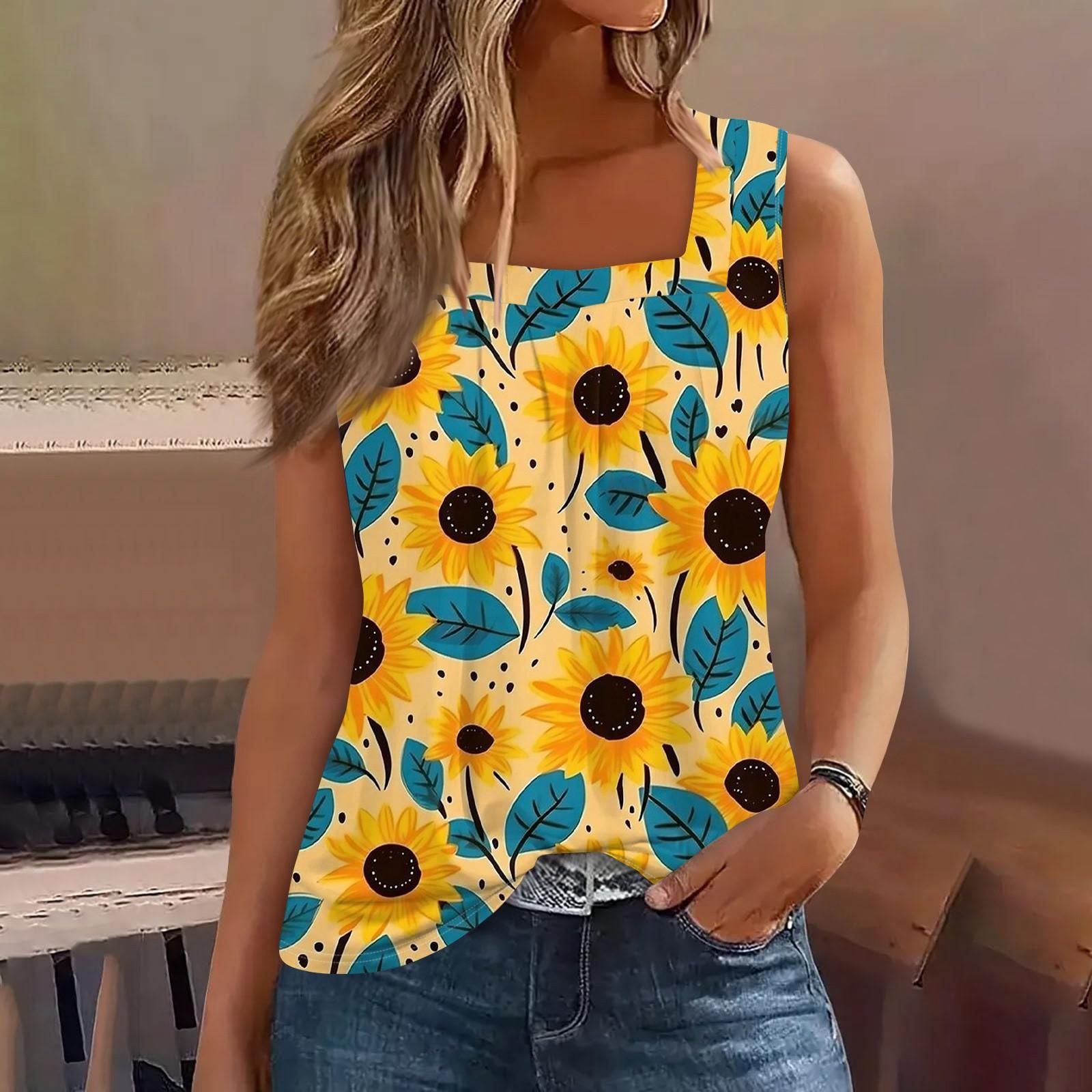 

Женская мода повседневная плиссированная жилетка без рукавов с квадратным воротником и принтом летняя футболка S