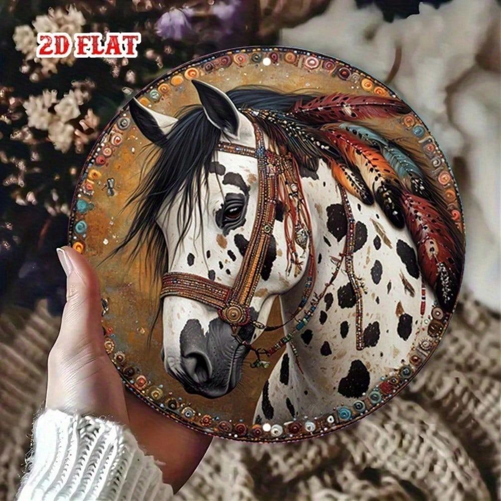 1pc Round Metal Wall Decor Beaded Appaloosa Horse Retro Western Tin Sign 7.8x7.8 Inch for Home Bar