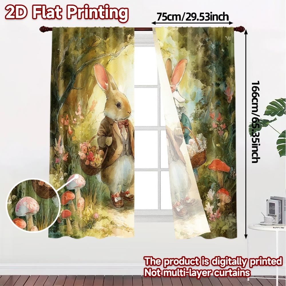 2pcs   2D FLAT PRINTING Curtains (Without Rod) Rabbit Stroll Modern Curtain Modern Versatile 100% Polyester Curtains Thermal