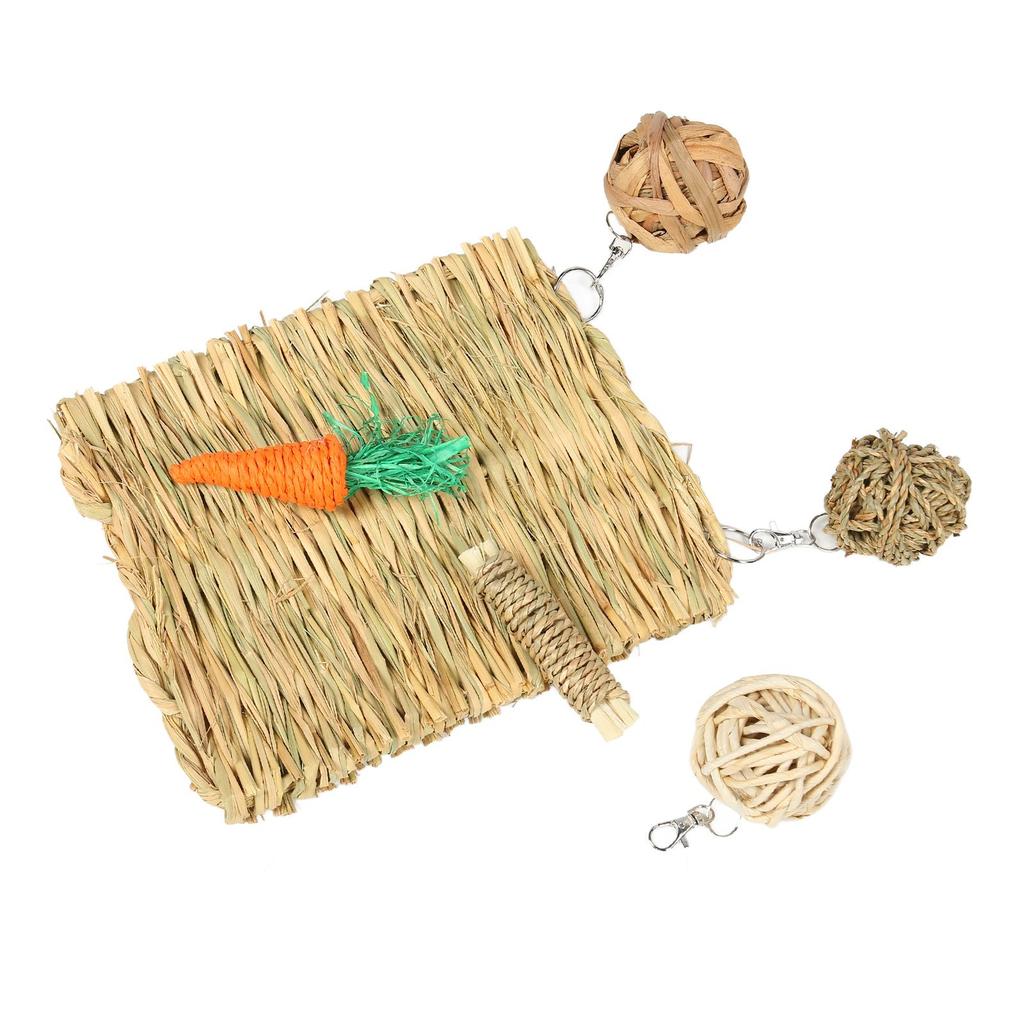 Hamster Chew Toy Set Relieve Boredom Teeth Grinding Rabbit Grass Mat Ball Chewing Toy for Guinea Pig Parrot