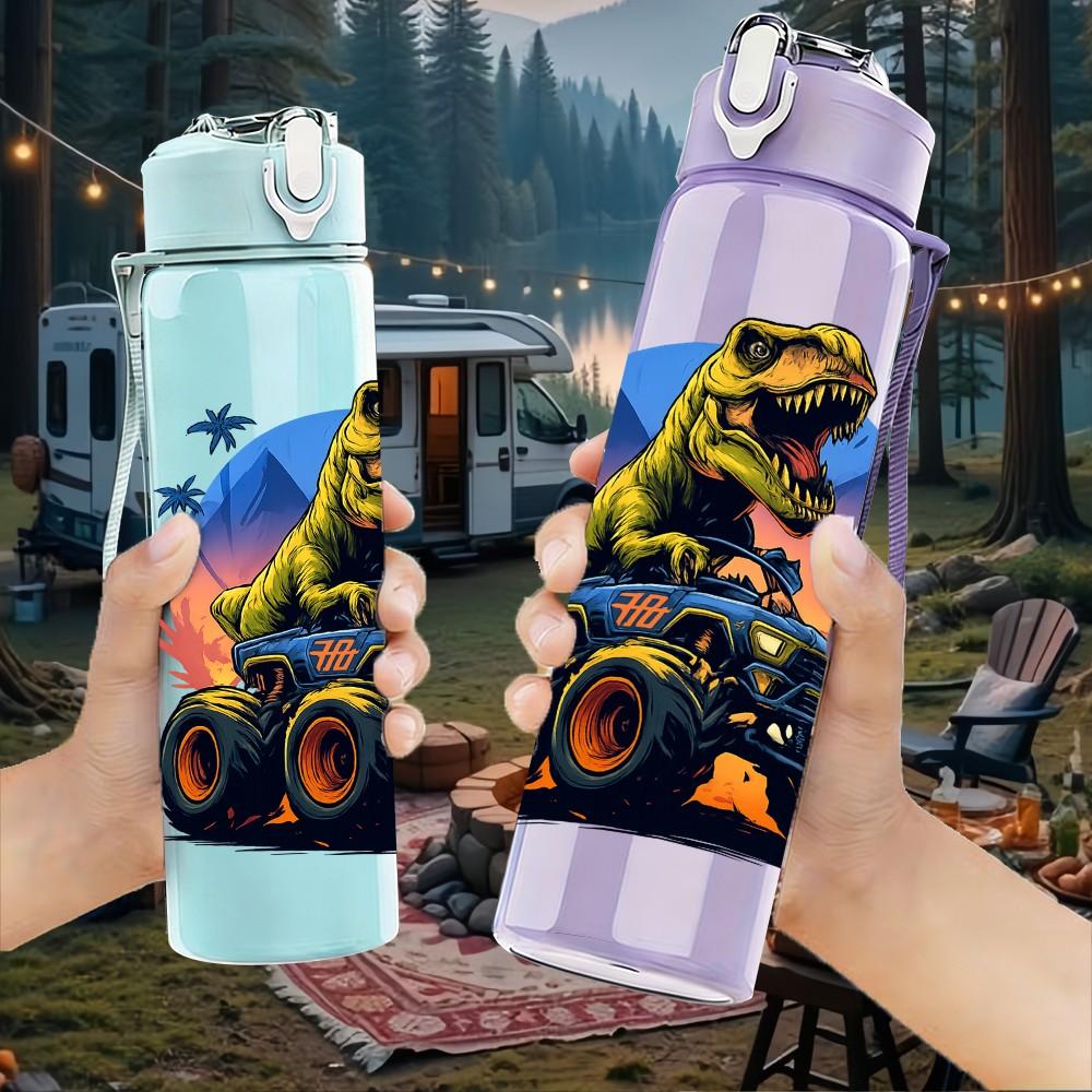 1PC Dinosaur Monster Truck Art 750ml Color Plastic Sports Water Bottle Leakproof Flip Straw Lid Suitable for Sports Office Home Use